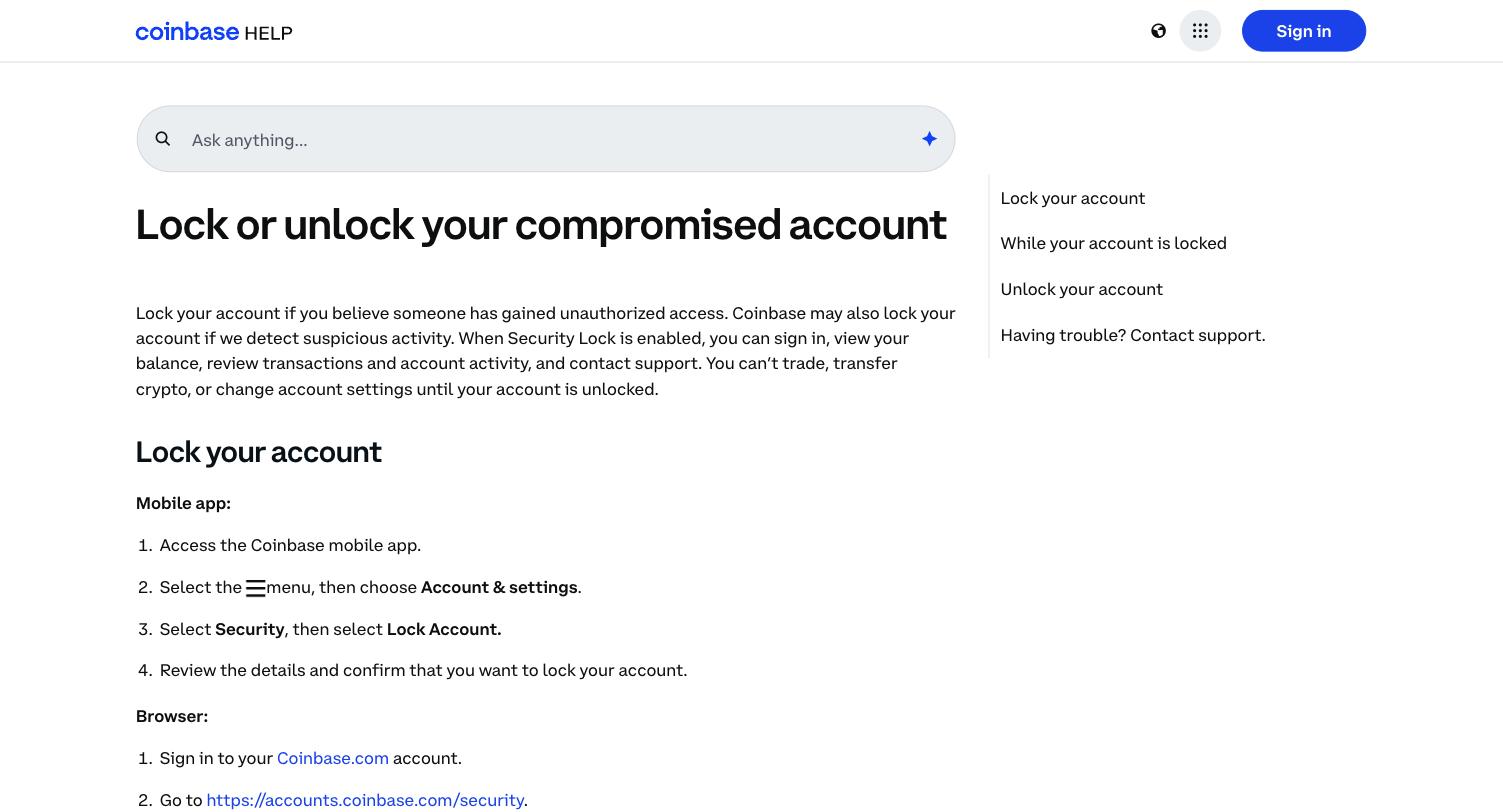 help.coinbase.com — Lock or unlock your compromised account